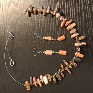 Elegant Pink/ Black Rhodonite Gemstone Beaded Necklace & Earring Set In Silver